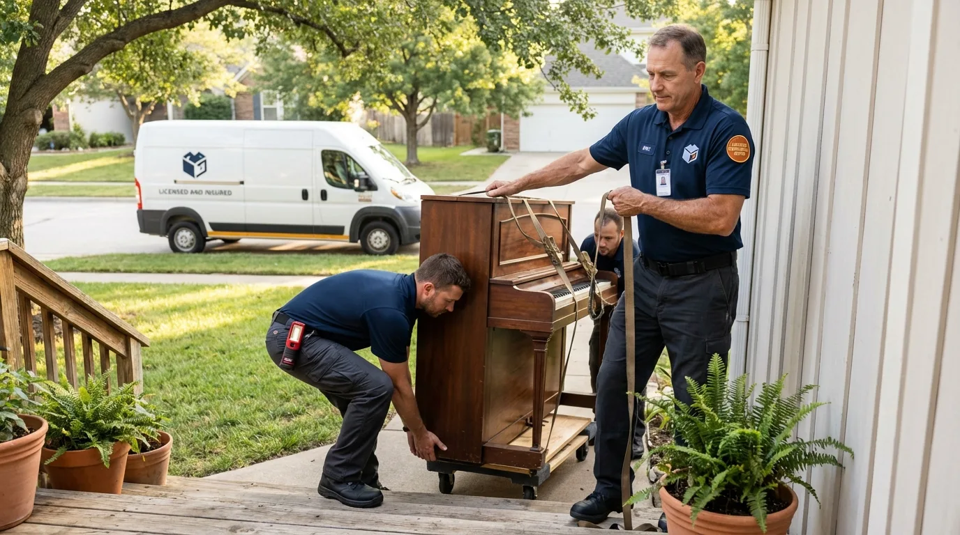 Licensed piano movers securing grand piano in Storm Lake, IA