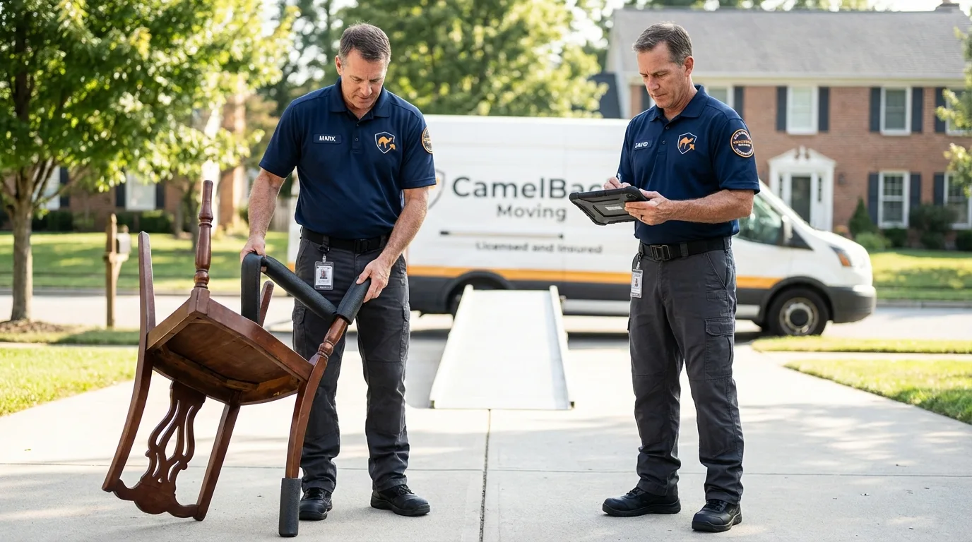 Movers inspecting furniture for damage prevention before loading in Storm Lake, IA