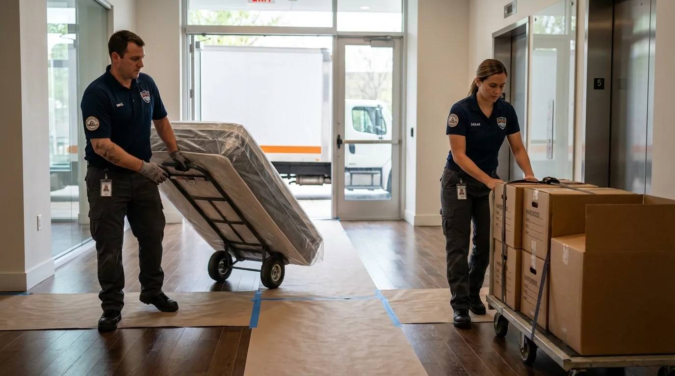 Professional apartment movers loading elevator in Storm Lake, IA