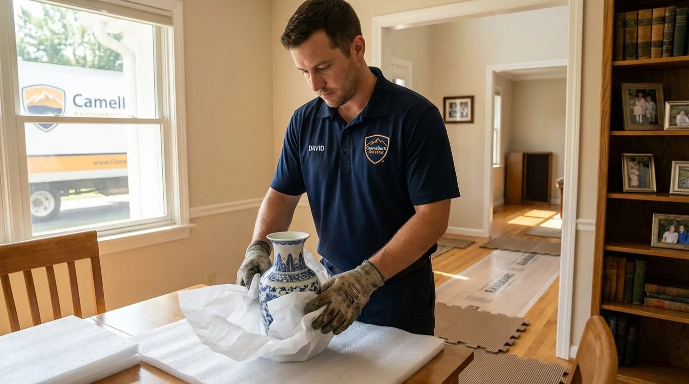 Professional crew carefully wrapping antique vase for senior downsizing move in Storm Lake, IA